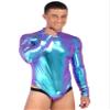 CHICTRY Mens Shiny Metallic Bodysuit Mock Neck Long Sleeves Leotard for Gymnastic Dance Club Blue XX-Large view 2