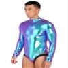 CHICTRY Mens Shiny Metallic Bodysuit Mock Neck Long Sleeves Leotard for Gymnastic Dance Club Blue XX-Large view 3