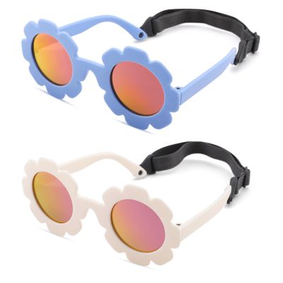 Bouryo Flexible Baby Polarized Flower Sunglasses with Strap Bendable Frame for Infant Boys Girls Ages 0-24 Months (B4 White/Purple Red Mirror + Blue/Orange Mirror)