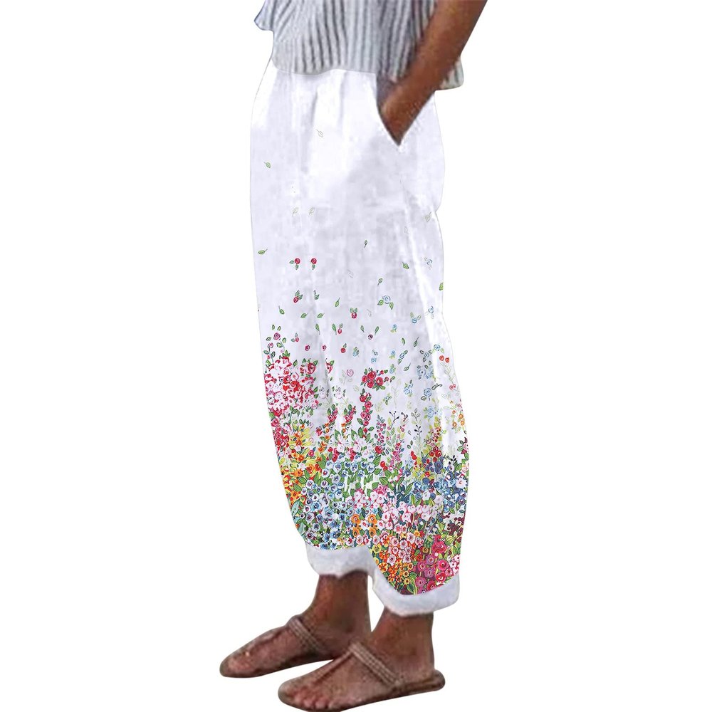 POTTON Casual Wide Leg Golf Pants Capri Linen Floral Print High Waisted Capris Cropped Relaxed Fit Womens Casual Capris Beach