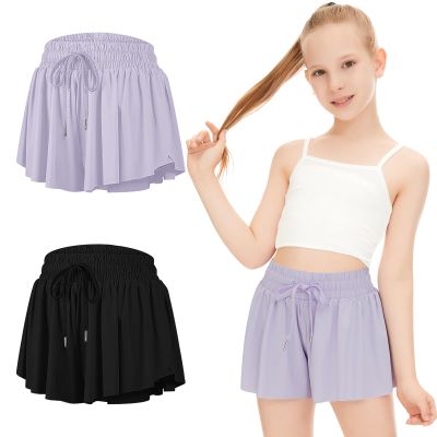 2 Packs Girls Flowy Shorts Butterfly Shorts for Kids with Pocket 2-in-1 Athletic Shorts Running Shorts for Girls Youth (Black + Lavender, X-Large)