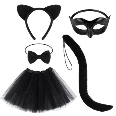 Beaupretty Black Cat Costume for Women, Cat Costume Accessories Cat Ear Headband Tail Cosplay Tutu Skirt Bow Tie Half Mask Black Animal Halloween Accessory Kit for Women Girls