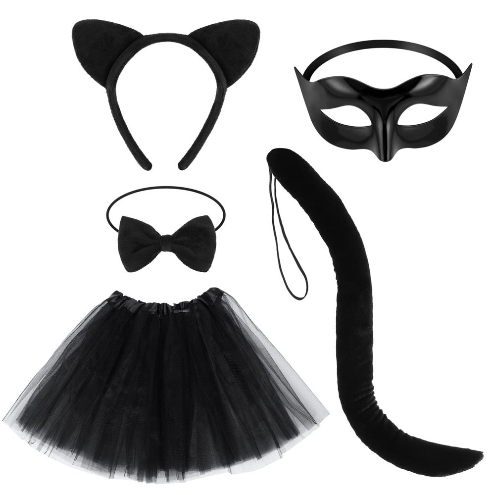 Beaupretty Black Cat Costume for Women, Cat Costume Accessories Cat Ear Headband Tail Cosplay Tutu Skirt Bow Tie Half Mask Black Animal Halloween Accessory Kit for Women Girls