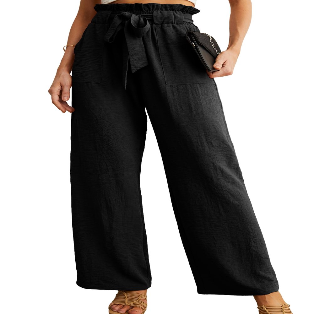 IWOLLENCE Women's Wide Leg Pants with Pockets High Waist Adjustable Knot Loose Casual Trousers Business Work Casual Pants Black Small