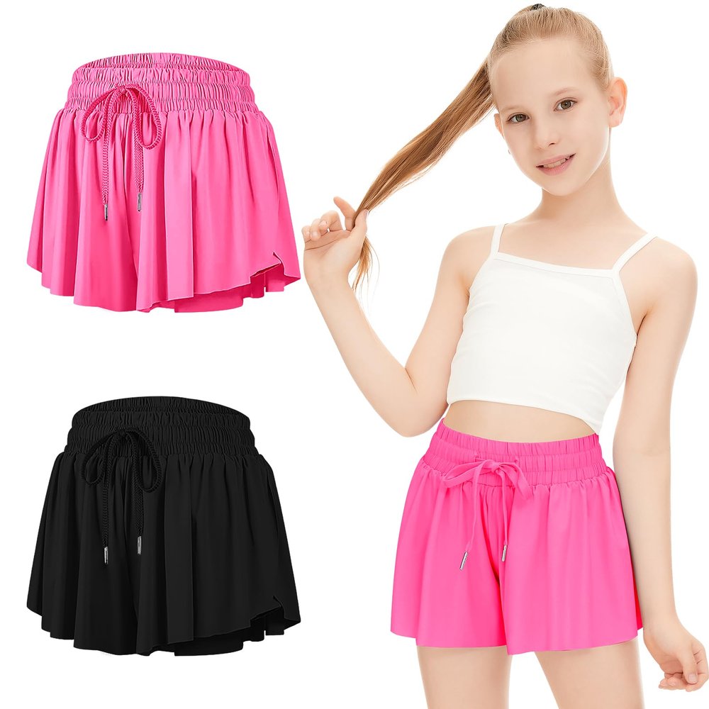 2 Packs Girls Flowy Shorts Butterfly Shorts for Kids with Pocket 2-in-1 Athletic Shorts Running Shorts for Girls Youth (Black + Hot Pink, X-Small)