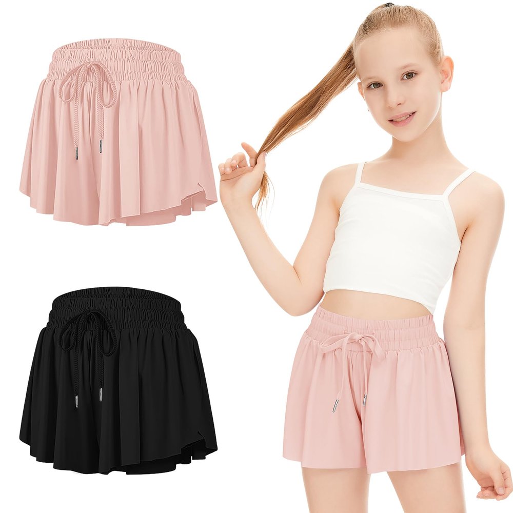 2 Packs Girls Flowy Shorts Butterfly Shorts for Kids with Pocket 2-in-1 Athletic Shorts Running Shorts for Girls Youth (Black + Light Pink, Small)