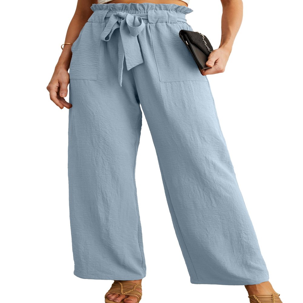 IWOLLENCE Women's Wide Leg Pants with Pockets High Waist Adjustable Knot Loose Casual Trousers Business Work Casual Pants Haze Blue Small