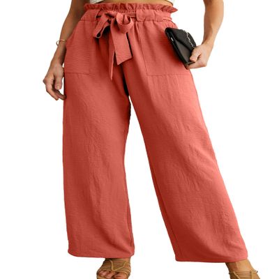 IWOLLENCE Women's Wide Leg Pants with Pockets High Waist Adjustable Knot Loose Casual Trousers Business Work Casual Pants Orange XX-Large