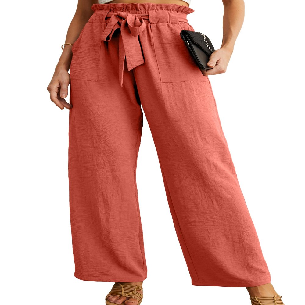 IWOLLENCE Women's Wide Leg Pants with Pockets High Waist Adjustable Knot Loose Casual Trousers Business Work Casual Pants Orange XX-Large
