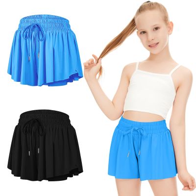 2 Packs Girls Flowy Shorts Butterfly Shorts for Kids with Pocket 2-in-1 Athletic Shorts Running Shorts for Girls Youth (Black + Blue, X-Large)