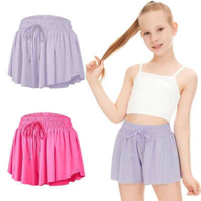 2 Packs Girls Flowy Shorts Butterfly Shorts for Kids with Pocket 2-in-1 Athletic Shorts Running Shorts for Girls Youth (Hot Pink + Lavender, X-Small)