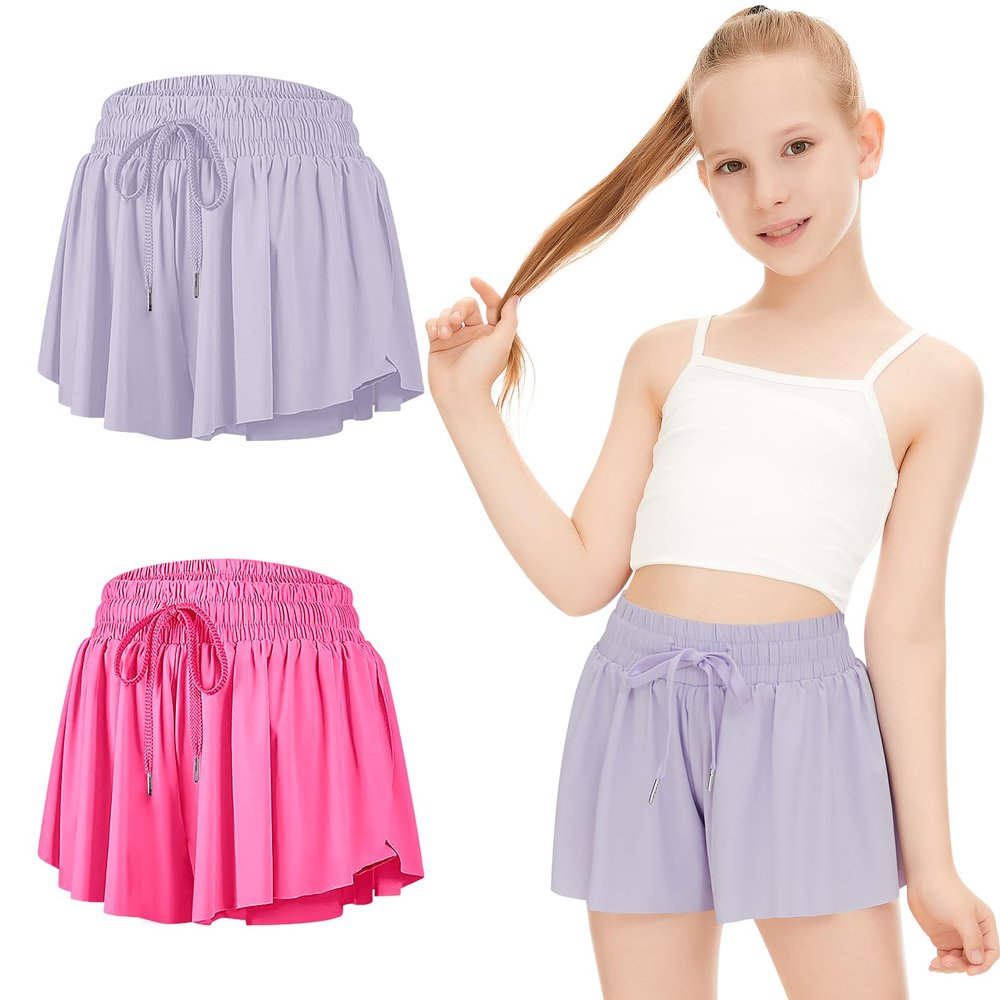 2 Packs Girls Flowy Shorts Butterfly Shorts for Kids with Pocket 2-in-1 Athletic Shorts Running Shorts for Girls Youth (Hot Pink + Lavender, X-Small)