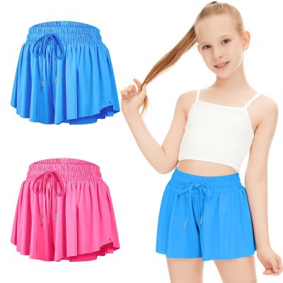 DOCUMO 2 Packs Girls Flowy Butterfly Athletic Shorts with Pocket, 2-in-1, Quick Dry, Stretchable, Hot Pink + Blue, Medium