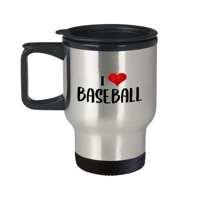 Art by Chelsydale I Love Baseball Themed Travel Mug Insulated Coffee Tumbler - Baseball Player Fan Coach Athlete Bat-and-Ball Sports Lover Funny Gag Idea