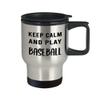 Art by Chelsydale Baseball Themed Travel Mug Insulated Coffee Tumbler - Baseball Player Fan Coach Athlete Bat-and-Ball Sports Lover Funny Gag Idea - Keep Calm and Play view 2