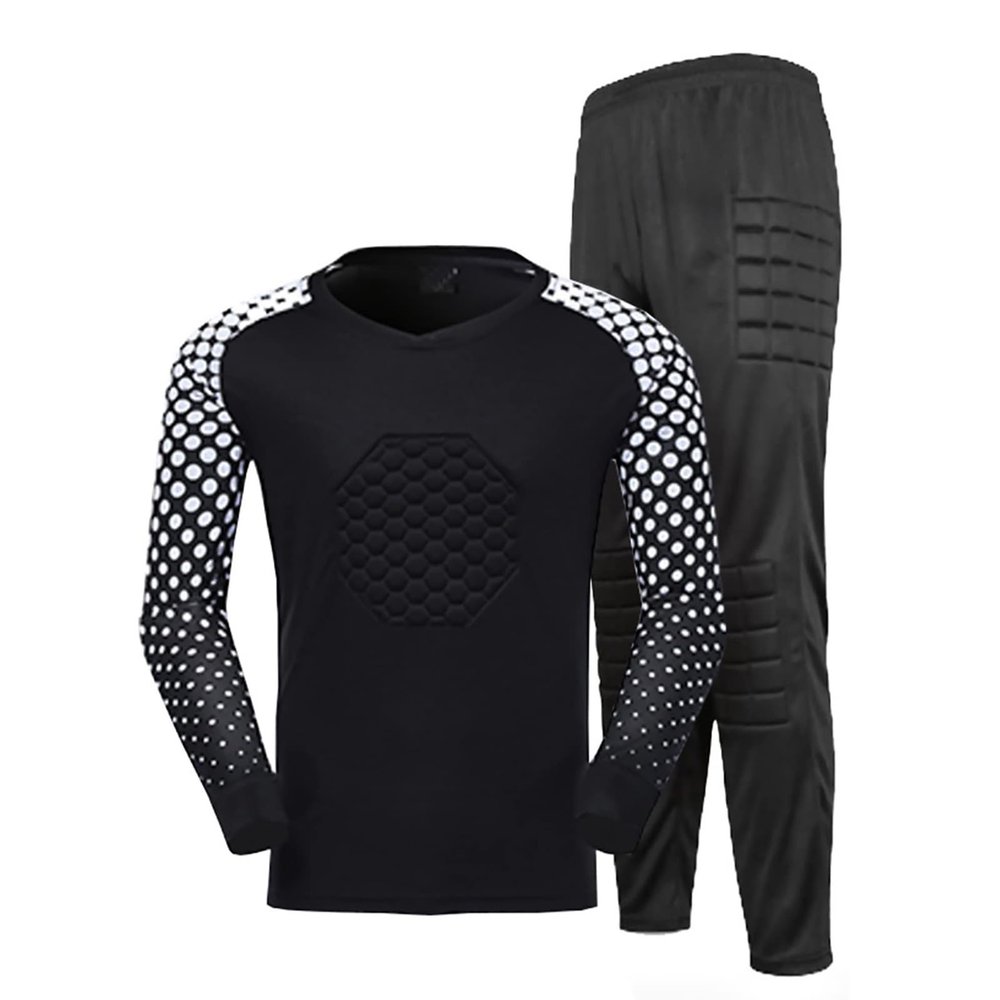 KKmeter Kids Boys Goalkeeper Padded Jersey and Pants Outfit Soccer Goalie Football T-Shirt Training Uniform (Black, 11-12)