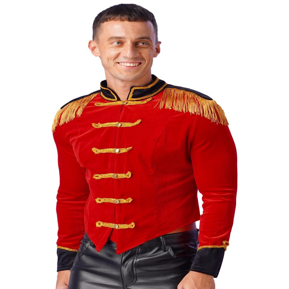 ACSUSS Men's Sexy Ringmaster Costume Velvet Swallow-tailed Coat Halloween Circus Showman Jacket Red B XX-Large