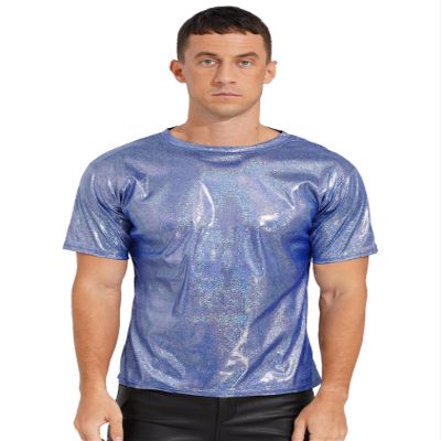 Agoky Men's Unisex's Shiny Tops Holographic Metallic Short Sleeve Shirt Sparkle Party Disco Tee Shirt Blue X-Large