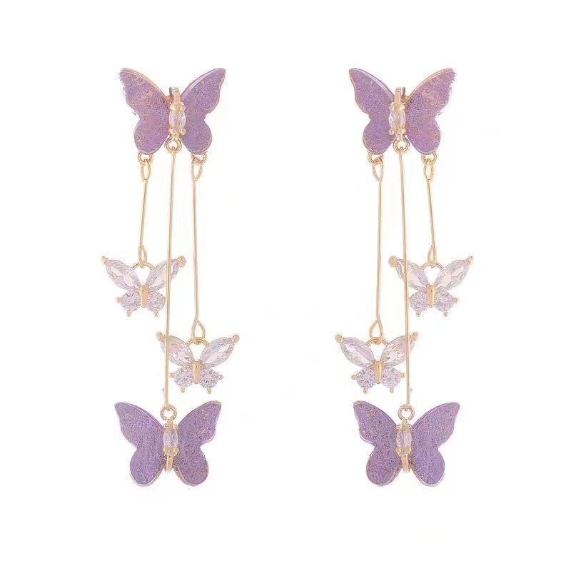 COLORFUL BLING Crystal Butterfly Pendant Necklace,Crystal Tassel Zircon Dangle Earrings Purple Butterfly-earring