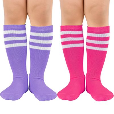 Girls Soccer Socks Youth Athletic Cheer Socks Pink Softball Socks Kids Toddler Baseball Sock 2 Pair Purple White & Rose White 6-9 Years