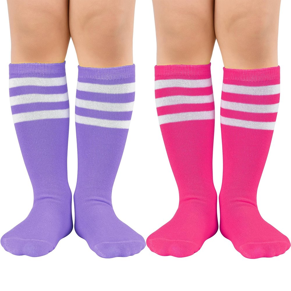 Girls Soccer Socks Youth Athletic Cheer Socks Pink Softball Socks Kids Toddler Baseball Sock 2 Pair Purple White & Rose White 6-9 Years