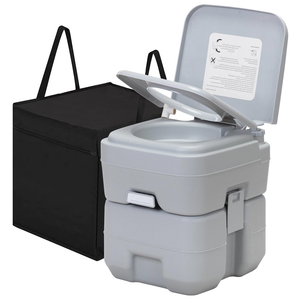 5.3 Gallon Portable Toilet with Detachable Tank and Travel Bag, Pressure Valve, Indoor & Ooutdoor Compact Double Outlet Toilet, Supports 440 LBS and 50 Flushes for Camping, RV Travel, Trips