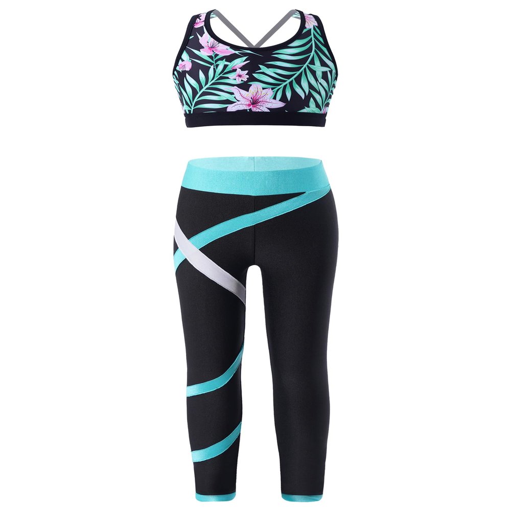 YEAHDOR Kids Girls 2 Pcs Sport Outfit Crop Top with Leggings Set Gymnastics Dance Athletic Outfits Lily 12 Years