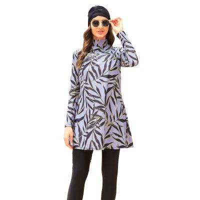 Burkini Swimsuits for Women Muslim Swimwear 3 Pieces Full Cover Long Sleeve Swimming Top Hijab Pants Modest Swimsuit Islamic Swimming Costume Plus Size Sun Protection Beachwear Purple Leaf M