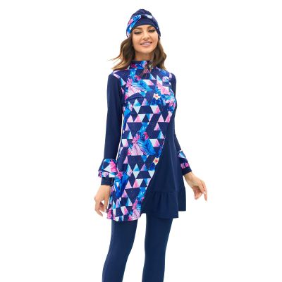 Burkini Swimsuits for Women Muslim Swimwear 3 Pieces Full Cover Long Sleeve Swimming Top Hijab Pants Modest Swimsuit Islamic Swimming Costume Plus Size Sun Protection Beachwear Flower Blue XL