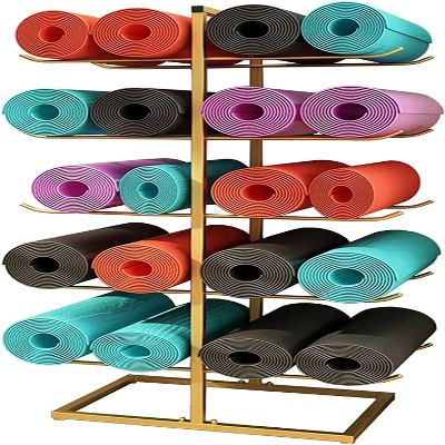 KIZMIQ Gold Yoga Mat Storage Rack, Metal Display Holder for 20 Foam Rollers and Yoga Mat, Yoga Room Entryway Organizer, Hardware Included (Color : Gold)
