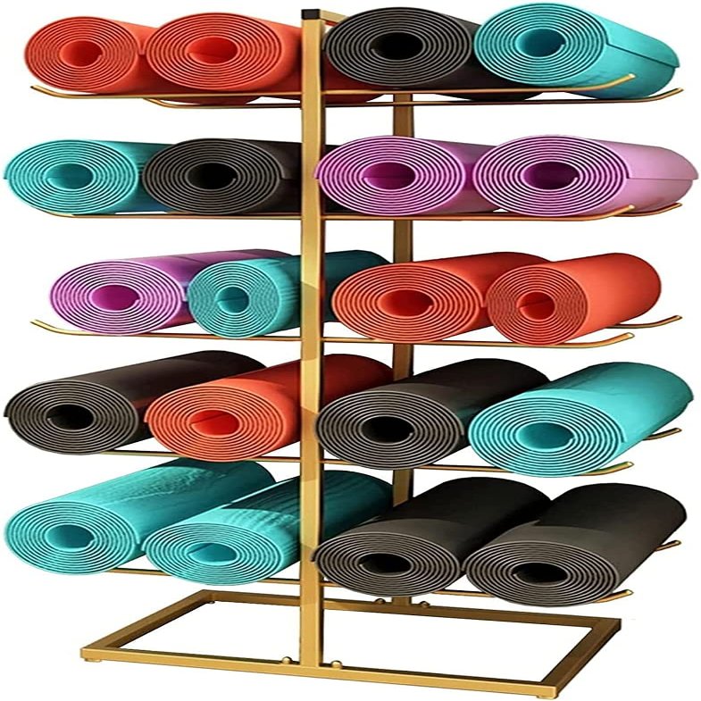 KIZMIQ Gold Yoga Mat Storage Rack, Metal Display Holder for 20 Foam Rollers and Yoga Mat, Yoga Room Entryway Organizer, Hardware Included (Color : Gold)