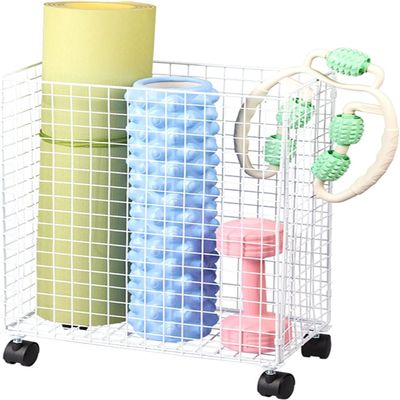 KIZMIQ Narrow Yoga Mat Storage Cart for Small Space, White Rolling Foam Roller Holder with Wheels, Sports Equipment Display Rack Floor Stand