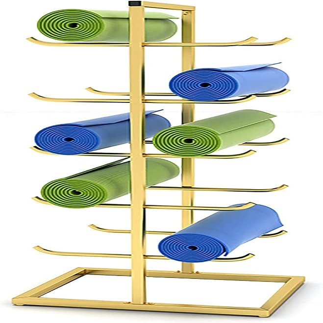 KIZMIQ Floor-Standing Double-Side Yoga Mat Rack Large Capacity, Commercial 5 Tier Metal Exercise Mats Organizer Storage, Gym Studio Home Gym (Color : Gold)