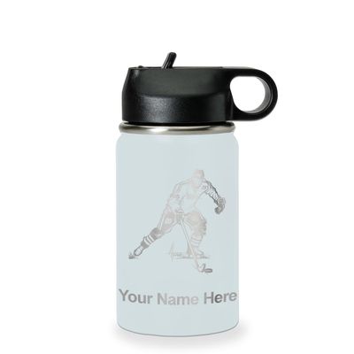 LaserGram Personalized Water Bottle, Hockey Player Man, Stainless Steel Double Wall Vacuum Insulated with Flip Top Straw, Custom Engraved Gift (12oz / 335ml Light Blue)