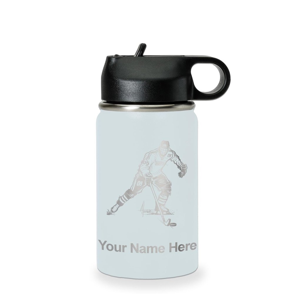 LaserGram Personalized Water Bottle, Hockey Player Man, Stainless Steel Double Wall Vacuum Insulated with Flip Top Straw, Custom Engraved Gift (12oz / 335ml Light Blue)