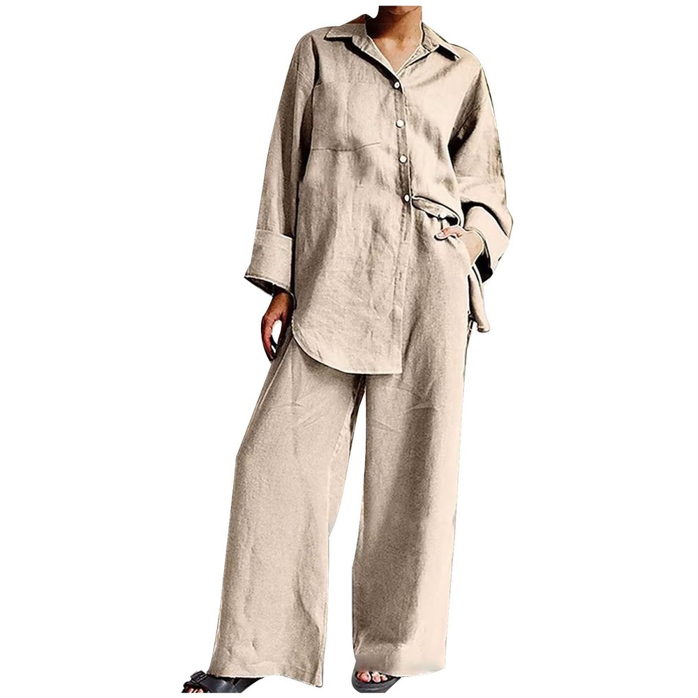 Women Plus Size Cotton Linen Set Ladies Casual Two-Piece Outfits Long Sleeve Button Shirts Wide Leg Pants Lounge Sets