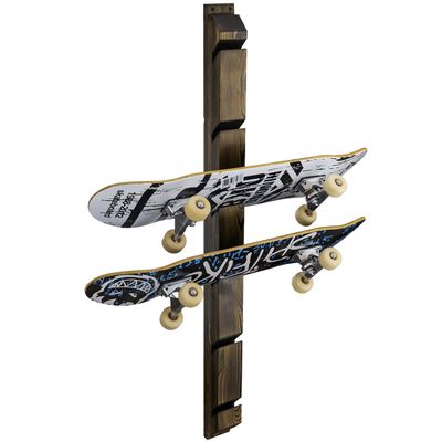MyGift Skateboard Rack, Burnt Wood Skateboard Wall Hanger with Diagonal Cutout Slots Holds 6 Boards, Deck Longboard Storage Display Rack