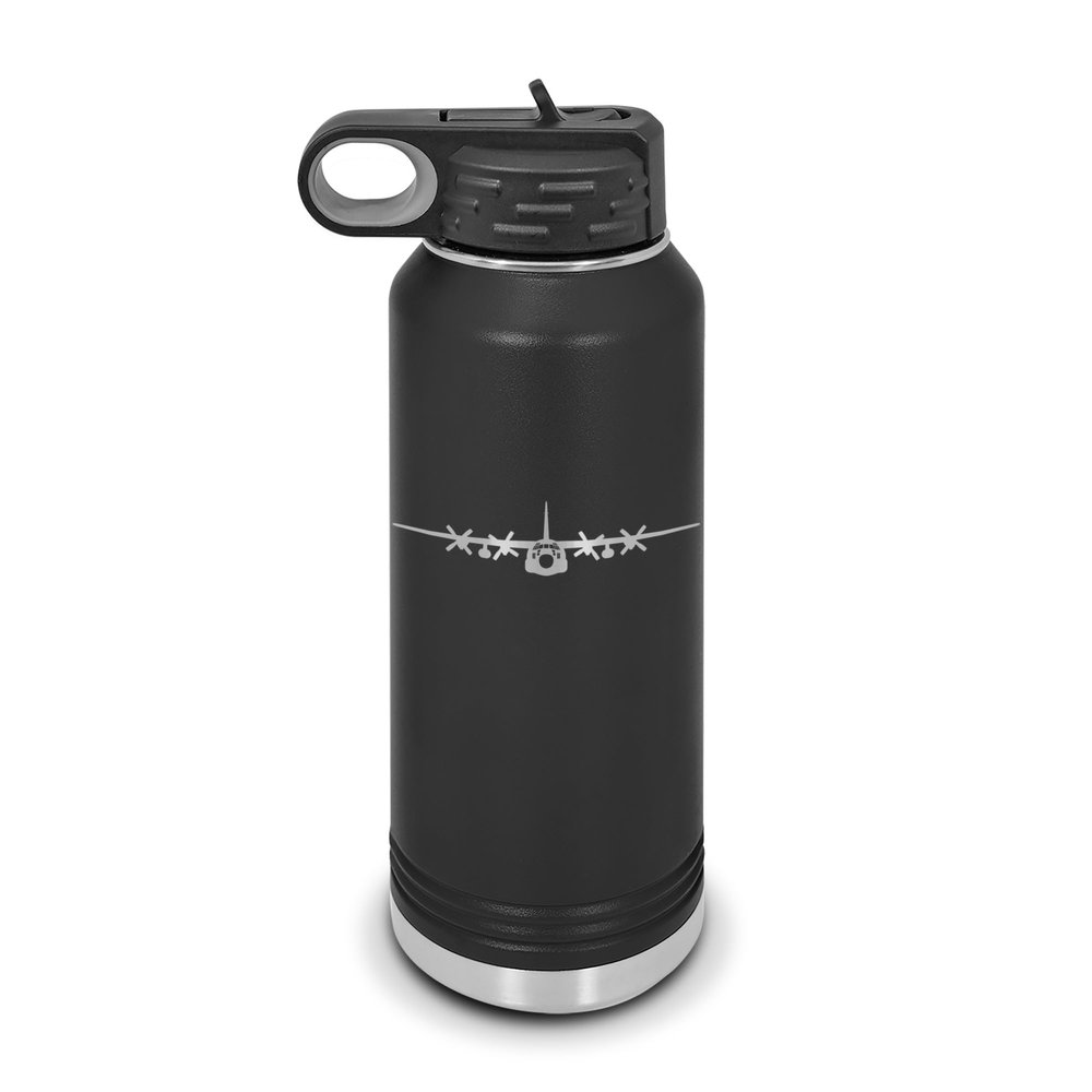 C-130 Hercules Water Bottle 32 oz - Laser Engraved w/ Flip Top Removable Straw - Polar Camel - Stainless Steel - Vacuum Insulated - Double Walled - Drinkware Bottles - c130 military transport - Black