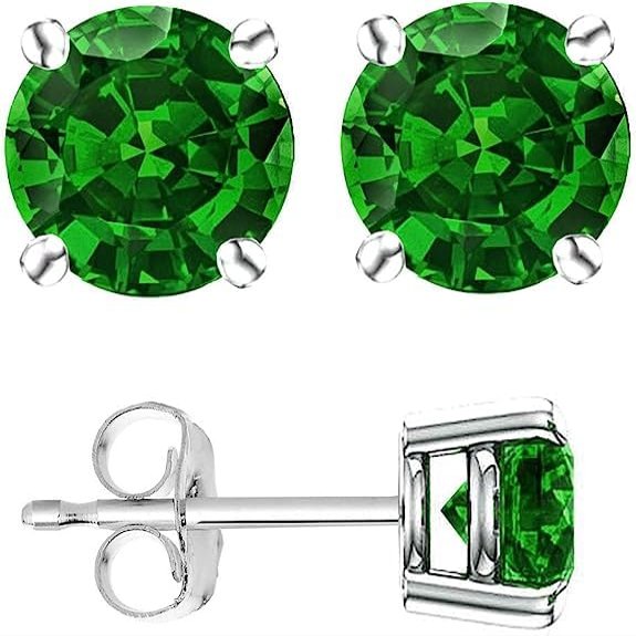 14K White Gold Plated 925 Sterling Silver Post Cubic Zirconia Stud Earrings With Simulated Emerald Stone 3 Carat Total Weight