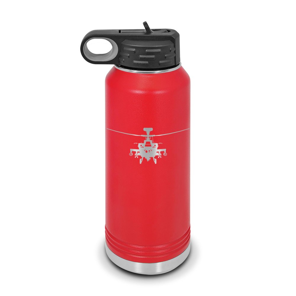 AH-64 Apache Water Bottle 32 oz - Laser Engraved w/Flip Top Removable Straw - Polar Camel - Stainless Steel - Vacuum Insulated - Double Walled - Drinkware Bottles - ah64 Attack Helicopter - Red
