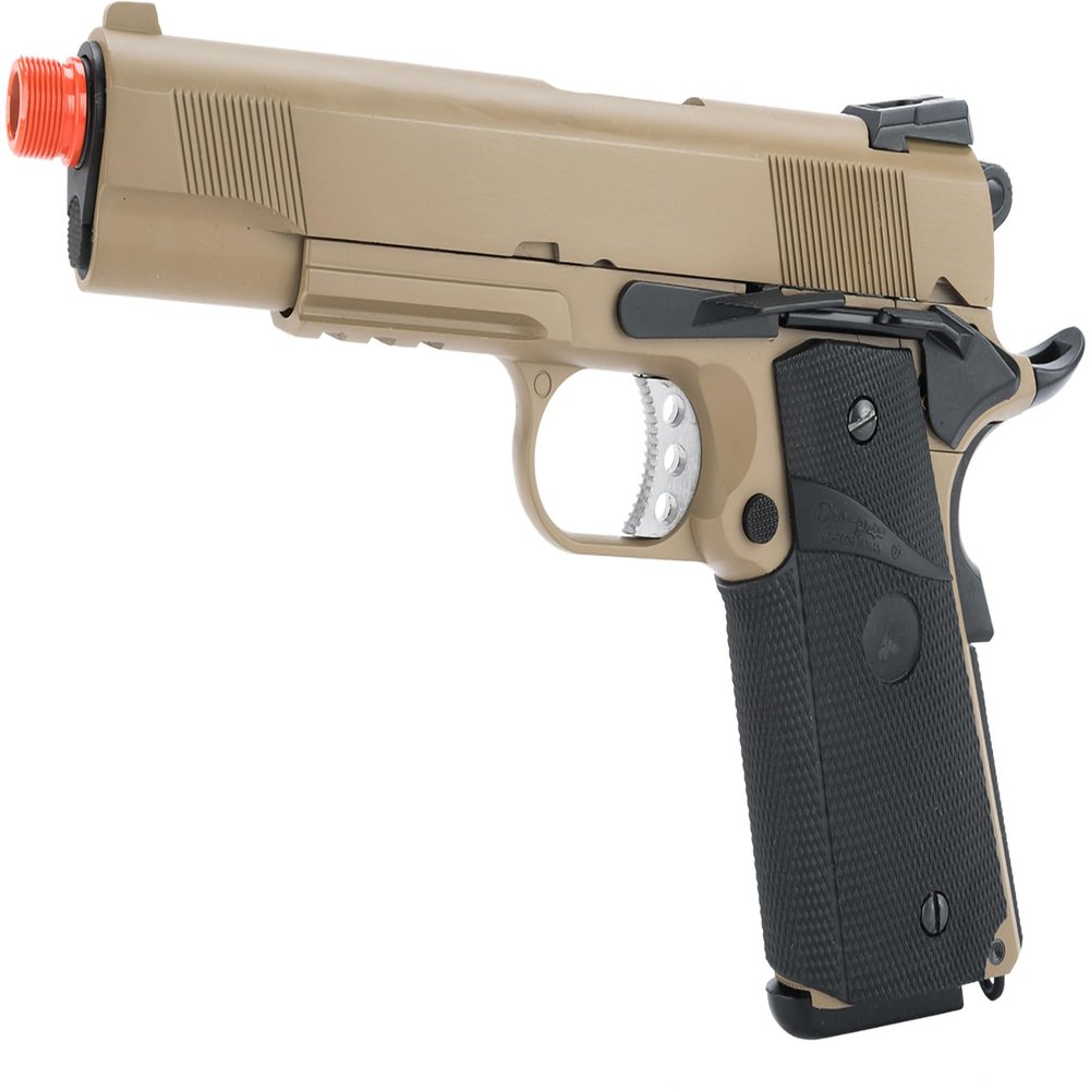 Evike Airsoft - WE-Tech Gen2 Heavy Weight Airsoft 1911 MEU Gas Blowback GBB Airsoft Pistol (Color: Dark Earth/Attachment Mount Build)