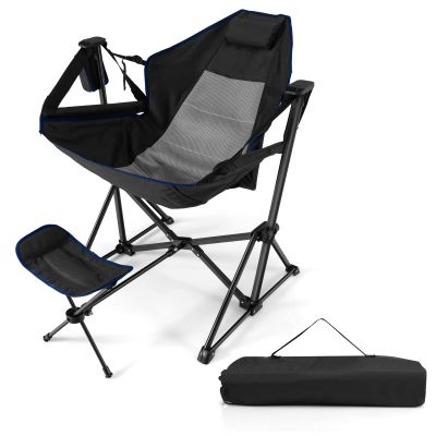 COSTWAY Folding Camping Chair, Portable Beach Chair with Retractable Footrest, Adjustable Back, Cup Holder & Carry Bag, Outdoor Lawn Patio Chair for Camping, Fishing, Hiking (Black, 1 Pack)