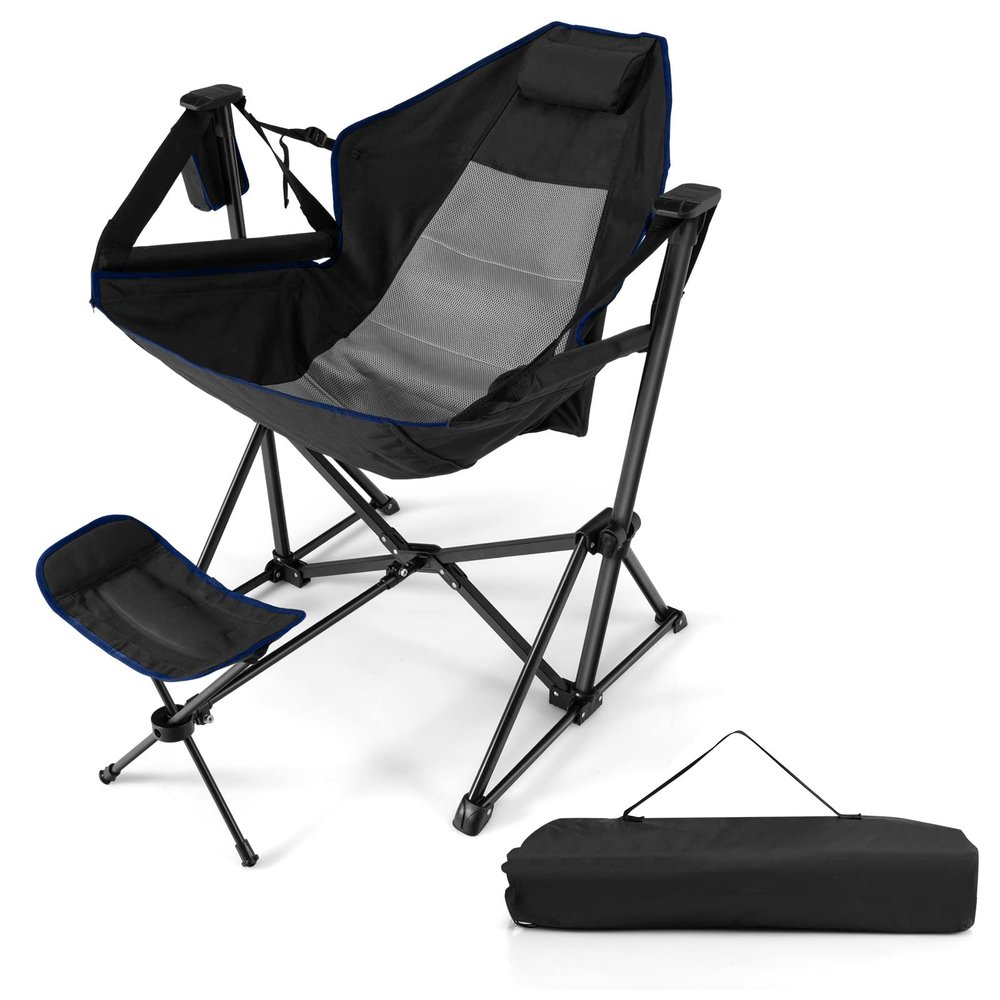 COSTWAY Folding Camping Chair, Portable Beach Chair with Retractable Footrest, Adjustable Back, Cup Holder & Carry Bag, Outdoor Lawn Patio Chair for Camping, Fishing, Hiking (Black, 1 Pack)