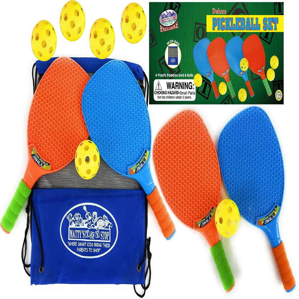 Matty's Toy Stop Deluxe Pickleball Set, Featuring 4 Plastic Paddles, 6 Pickleball Balls and Storage Bag