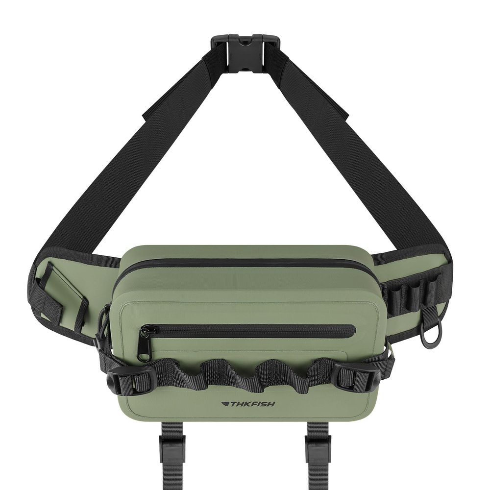 THKFISH Waterproof Fishing Waist Pack with Fishing Rod Holder, Airtight Zipper Closure, Lightweight Sling Fishing Waist Bag for Fly Fishing
