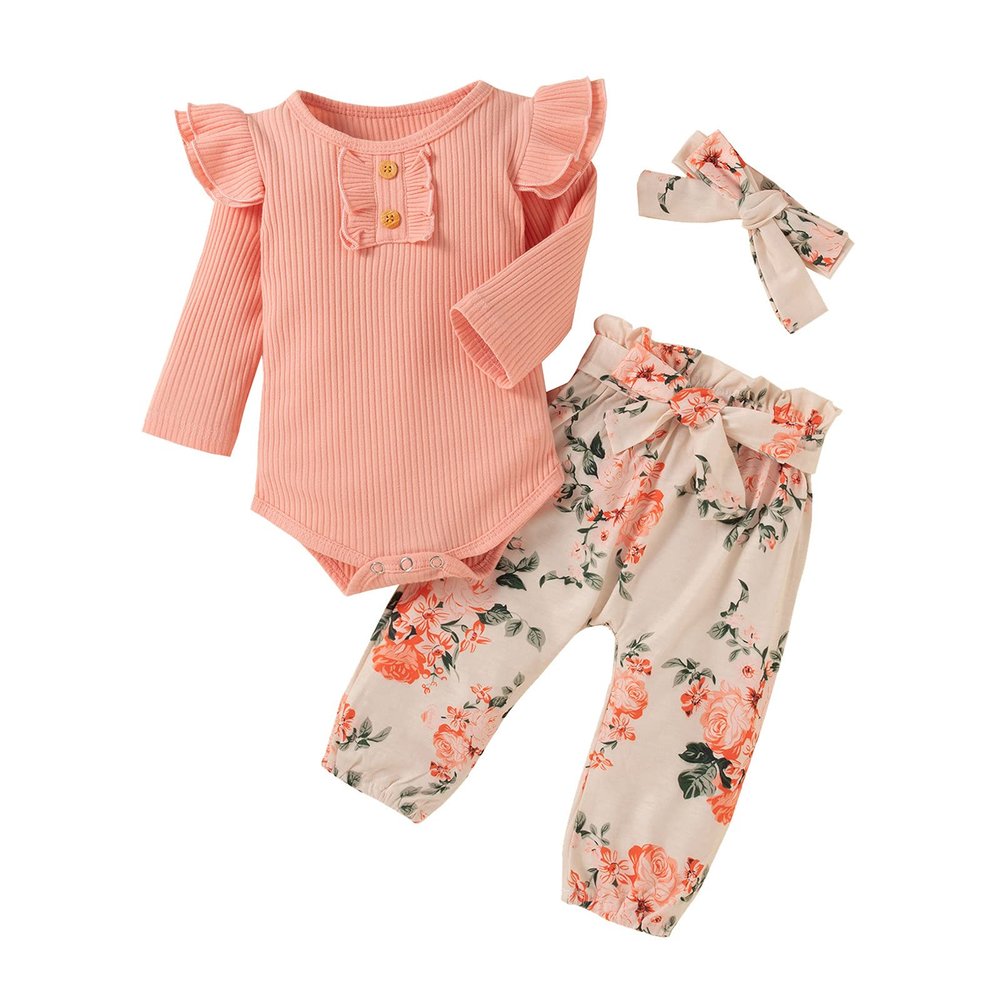 Infant Baby Girls Clothes Ruffle Sleeves Ribbed Romper Tops Floral Pants With Headband Toddler Outfits Baby Rompers Girl (Pink, 0-3 Months)