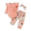 Infant Baby Girls Clothes Ruffle Sleeves Ribbed Romper Tops Floral Pants With Headband Toddler Outfits Baby Rompers Girl (Pink, 0-3 Months) view 1