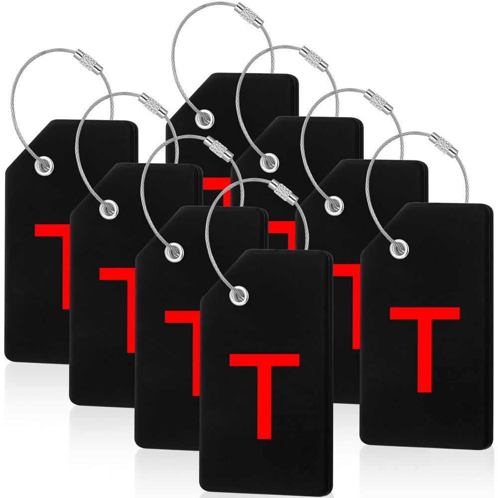 8 Pcs Initial Letter A-Z Luggage Tags Silicone Suitcase Instrument Tag with Name Card and Stainless Steel Loop(Letter T,Red, Black)