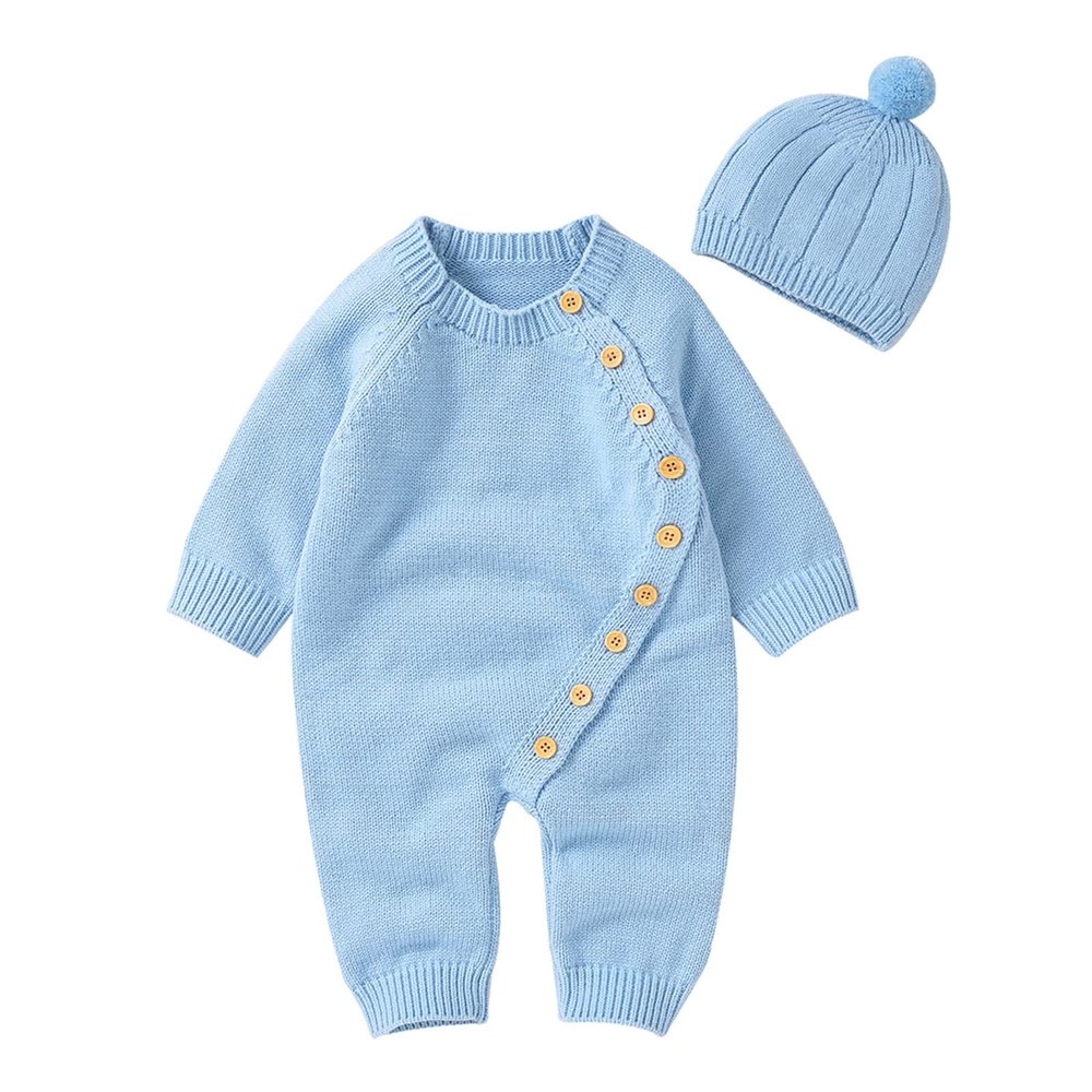 Newborn Infant Boy Girl Solid Knitted Sweater Baby Jumpsuit Romper Cotton Caps Hat Outfits Sets Clothes Toddler Suit (Light Blue, 3-6 Months)