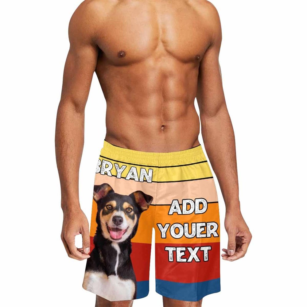 Custom Men's Swim Trunks Personalized Swim Trunks with Text Dog Face on Them, Funny Beach Board Shorts for Men Quick Dry Surfing Shorts Design Your Own, Customized Swimwear for Dad Husband BF